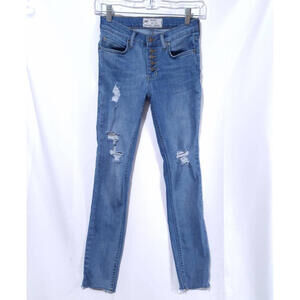Free People Button Fly Jeans Women W25‎ Blue Denim Distressed Ripped Raw Hem
